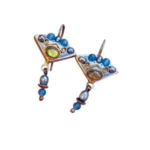 VTG Michal Golan Earrings Glass Cabochon Pearl Victorian Revival Designer BOHO